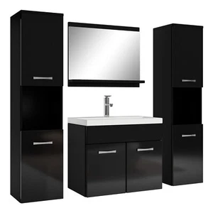 Badezimmer Badmöbel-Set Montreal XL 60cm Waschbecken Schwarz Hochglanz Fronten - - Bild 1 von 6