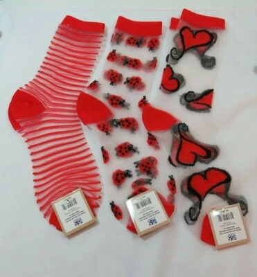 3PK Womens Red Ladybug Heart Stripes SHEER Fashion Crew Socks size 9-11 Red Trim - Image 1 of 4