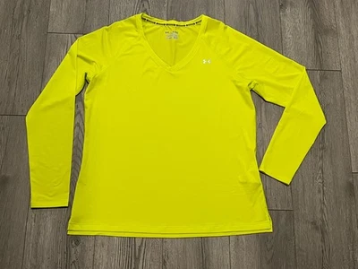 XL Mujer UNDER ARMOUR Amarillo Ajustado Manga Larga HeatGear Cuello en V Camisa Top Camiseta Foto 1 de 4