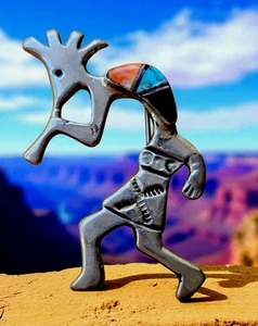 Native American Kokopelli Pin /Pendant Sterling Silver Inlay Stones 1.75" Signed - Picture 1 of 8