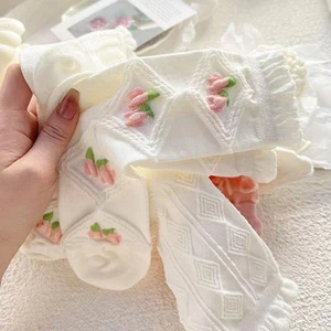 5 Pcs/set White Floral Mid-tube Socks Women's Trendy Spring Thin Section SocL Nm - Picture 1 of 6