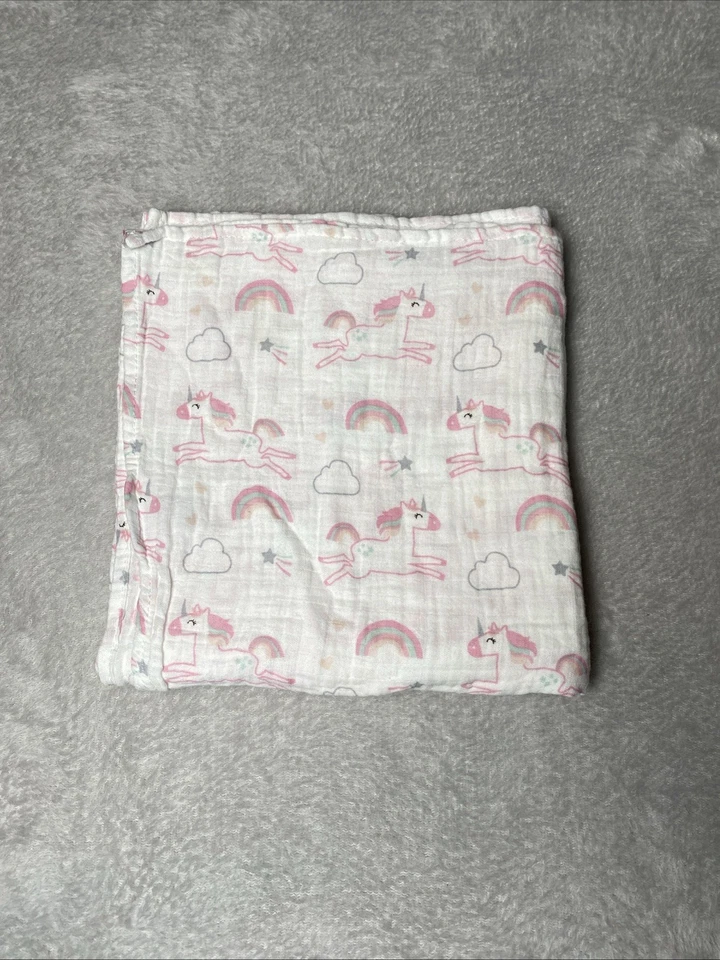Manta Baby Muslin Co Unicornio Arco Iris Bebé Rosa Blanco Gris Nube Estrella Foto 1 de 4