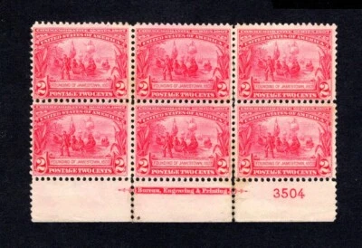 US 329 2c Jamestown Exposition Mint Bottom Plt #3504 Block of 6, F/VF, Mint MLHR - Image 1 of 2