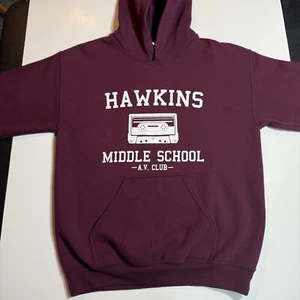 Adult Small Stranger Things Hawkins AV Club Cassette Pullover Hoodie Sweatshirt - Picture 1 of 7