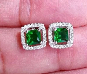 Solid 14K White Gold 3.43Ct Emerald Moissanite Stud Earrings Heavy Screw Back - Picture 1 of 5