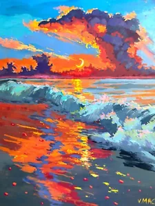 Original SeaPainting signed Red Landscape Clouds Sunset Collectible Abstract Art - Picture 1 of 4