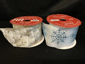 Christmas Gold Blue Snowflake Glitter Wired Ribbon 2 Used Xmas Wreath - Picture 1 of 8