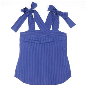 Womens Vintage NEW Size 8 Cue Blue Black Striped Top Long Shoulder Tie Up Straps - Picture 1 of 12