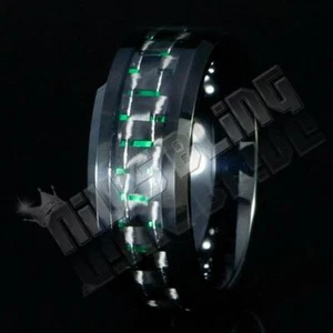 Black and Green Carbon Fiber Tungsten Carbide Inlay Wedding Band Bridal MEN Ring - Picture 1 of 4