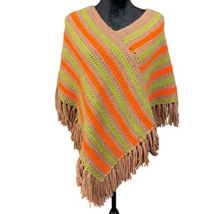 Vintage Handmade Knit Poncho Shawl Brown Orange Green Fringe - Picture 1 of 5