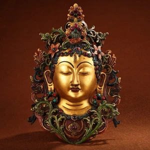 Gemma in bronzo contorno dipinto in oro bianco Tara Buddha maschera testa sala culto - Foto 1 di 9