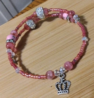 Handmade 10 in Wrap Bracelet-Pink, Iridescent, Rhinestone Rondelle Spacers-Crown - Image 1 of 4