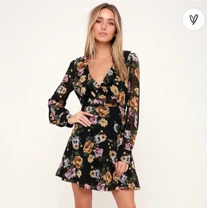 Lulus Love Abound Black Floral Print Long Sleeve Ruffled Mini Dress Sheer Size M - Picture 1 of 13