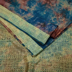 Vintage Sari Multi Pure Silk Hand Woven Tie-Dye Sarees Craft Fabric 5Yd Sewing - Picture 1 of 23