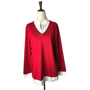 Suéter Karl Lagerfeld Mujer Pequeño Rojo Tejido Capas Cuentas Escote Preppy Fiesta - Imagen 1 de 10