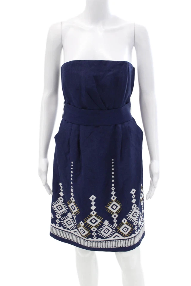 Vestido Vaina Shoshanna Mujer Seda Bordado Sin Tirantes Azul Marino Blanco Talla 4 Foto 1 de 4