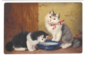 Antigua postal de gatos gatitos retro texturizada NUEVA REIMPRESIÓN tazón de leche - Imagen 1 de 2