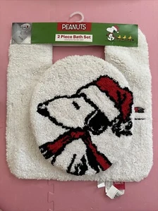 Peanuts Snoopy Christmas Bath Set Toilet Lid Cover Bath Mat Rug Woodstock 2 Pcs - Picture 1 of 2