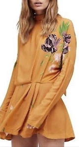 NWT FREE PEOPLE MUSTARD GEMMA FLORAL TIE NECK  TUNIC DRESS SZ L - Picture 1 of 8