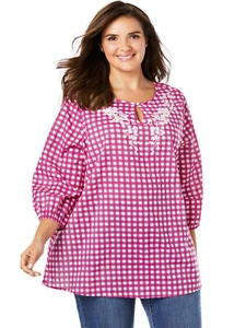 Woman Within Tunic RASPBERRY Plaid Embroidered Keyhole Plus Size 16/18 to 24/26 - Picture 1 of 4