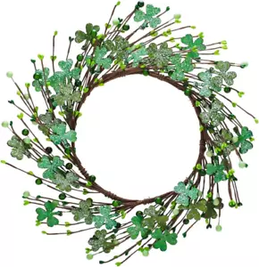 16" St Patrick'S Day Wreath, Artificial Shamrock Wreath Green Berry Clover Wreat - Picture 1 of 15