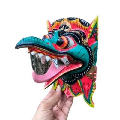 Balinese Mask Wall Art Garuda Decor Eagle Wood Green Tongue Carved Painting - Image 1 of 4