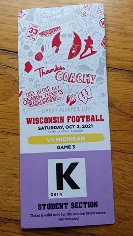 2021 Michigan Wolverines vs Wisconsin Badgers Football Student Ticket Stub Cover
