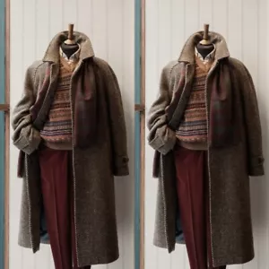 Vintage Brown Tweed Men's Long Overcoats Herringbone Outdoor Casual Warm Coats - Picture 1 of 6