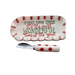 Mud Pie Christmas Spreader Set Holiday Cheer Cheese Spreader & Tray - Picture 1 of 1