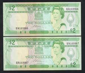 FIJI P-87a. (1988) Two Dollars.. Siwatibau.. UNC - CONSECUTIVE Pair - Picture 1 of 2