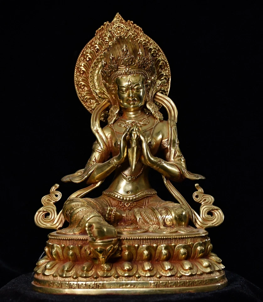 9.5" China Old Antique Tibetan Buddhism Brass Gilt Green Tara Buddha Statue - Image 1 of 4