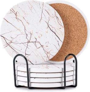 Hoewina 6Pcs Drink Coasters with Holder, Marble Style Ceramic Natural - Picture 1 of 7