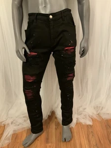 Jeans uomo Reelistick NYC nero vernice invecchiata schizzata con toppa rossa 36/30 - Foto 1 di 22