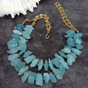 21" 2 Rows Natural Blue Aquamarine Rough Raw Bead Gold Plated Chain Necklaces - Picture 1 of 5