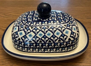 Boleslawiec Polish Pottery Covered Butter Dish Blue And White EUC - Picture 1 of 6