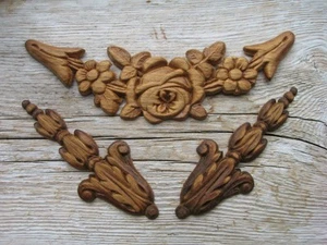 Lot of Vintage Wooden Appliques Onlays Floral Flower Rose Scroll Pattern Wood - Picture 1 of 3