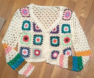 Granny Square Long Sleeve Open Knit Crop Button Down Cardigan Sweater Ivory Sz M - Picture 1 of 6