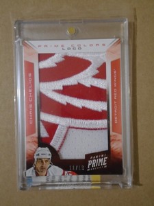 2012-13 PANINI PRIME COLORS LOGO, CHRIS CHELIOS, GAME WORN HOCKEY CARD!!!