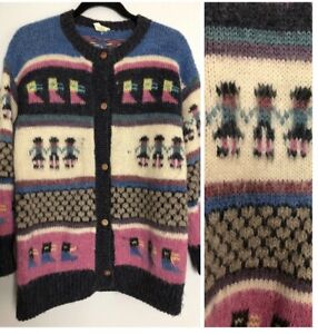 Vintage Retro 1980s Cardigan Size 12/14 Peruvian Hand knitted 100% Wool.