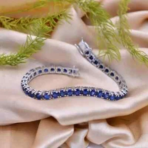 12Ct Round Cut Lab Created Blue Sapphire Tennis Bracelet 14k White Gold plated - Picture 1 of 5
