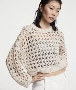 1995 $ Brunello Cucinelli X-Small taupe braun ausgeschnittener Pullover Netz Jute Ösen XS - Bild 1 von 13