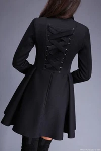 Elegance Unique Lace up Back Peplum Parka Outwear Black long Jacket Coat M - Picture 1 of 11