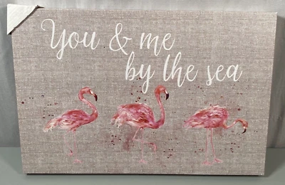 Flamingo Canvas 12x18 Wall Art Decor You and Me By The Sea Pink Beige New - Image 1 of 4