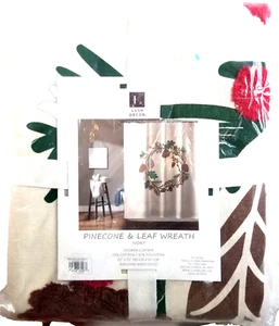 Luch Decor New Fabric shower curtain Pinecone & Leaf Wreath Christmas Winter - Picture 1 of 3