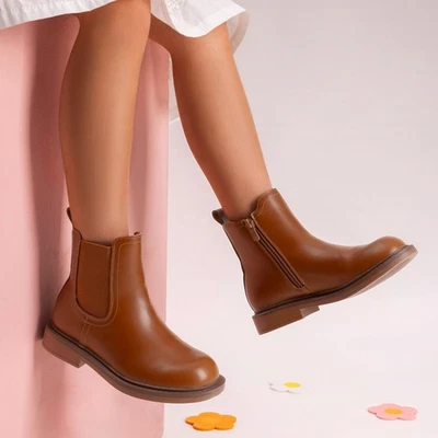 Niñas Moda Botines Estilo Chelsea con Cremallera Lateral Botas de Tacón Bajo Foto 1 de 4