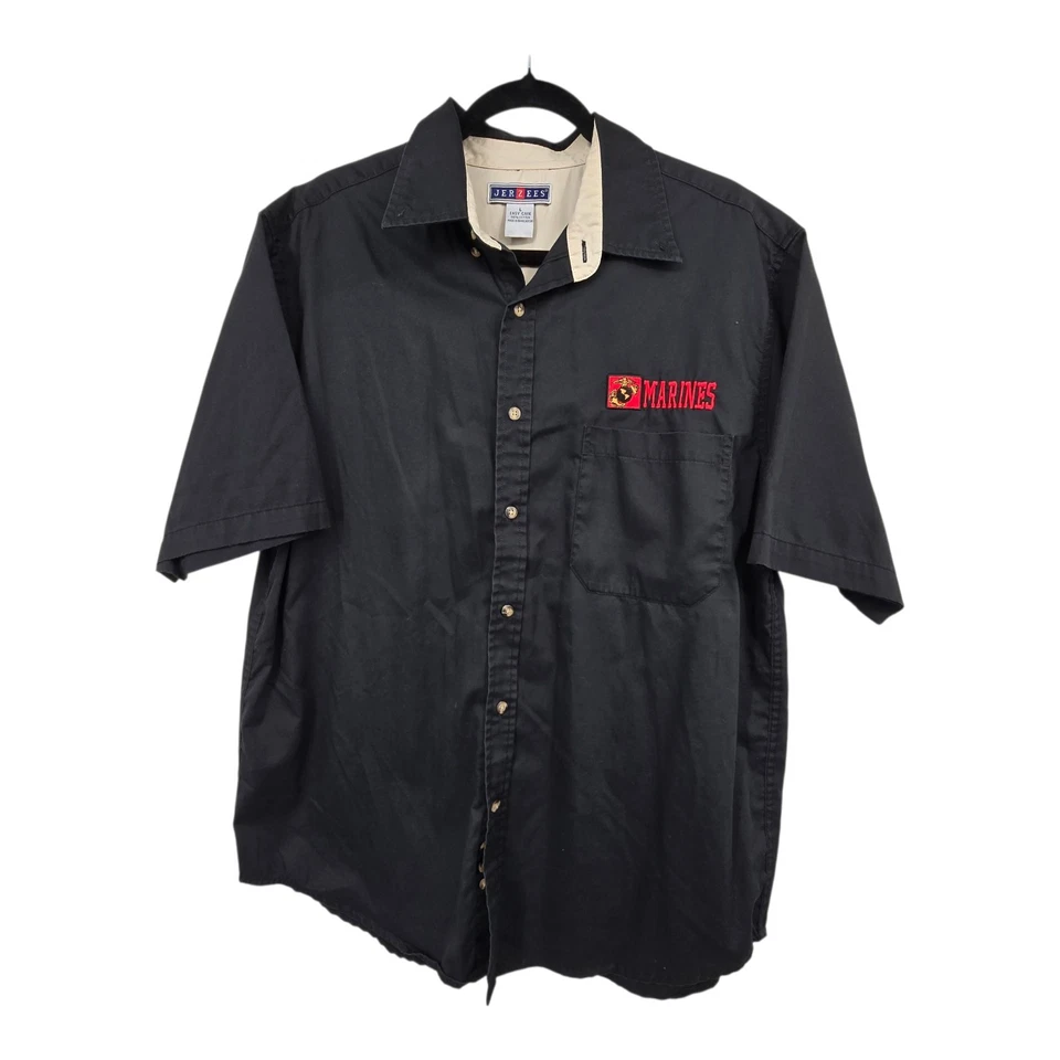 Vintage Jerzees Marines Button Down Shirt Mens LG Black Short Sleeve Embroidery  - Image 1 of 4