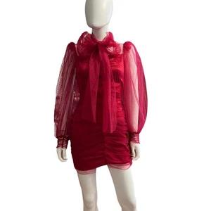 Zara Red Romantic Mesh Puff Sleeve Neck Tie Party Mini Dress, XS - Picture 1 of 6