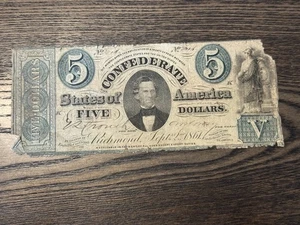 1861 Confederate States Of America $5 Dollar Note Richmond - Picture 1 of 2