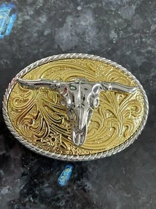 Ornate Scroll Texas Longhorn Belt Buckle Cow Head Steer Cowboy Rodeo Two Tone - Picture 1 of 7