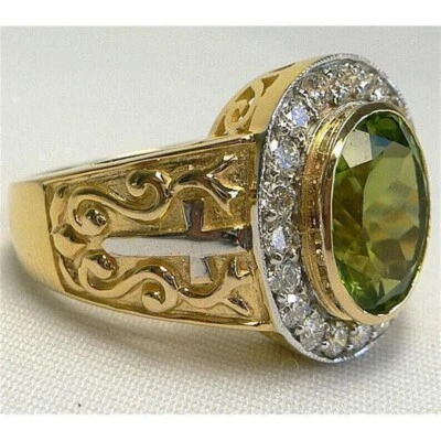 Anillo de boda de peridoto simulado de corte ovalado de 3 quilates enchapado en oro amarillo de 14 k para hombre Foto 1 de 4